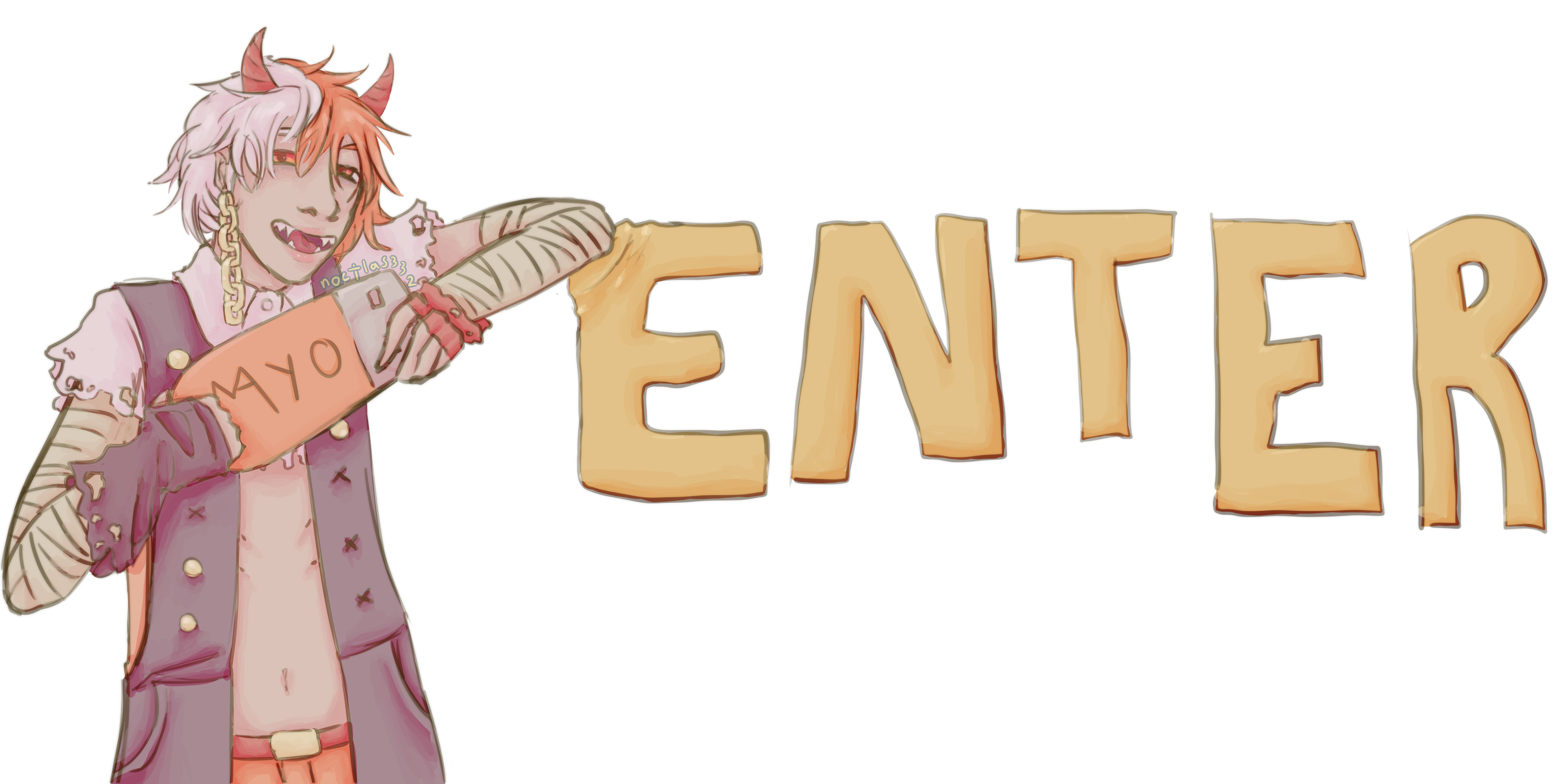 the utau character mayo coulombs holding their character item, a large usb stick, and leaning on the word ENTER. the top of the E in ENTER is slightly crumpled from mayo leaning on it 