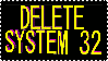 a black gif stamp with shiny 3d extruded writing on it which says DELETE SYSTEM 32. each letter spins individually, and when the letters are about to make a 180 degree rotation and be seen from the back, the front of the letters is shown again, as such the letters are never seen written backwards. the front face of the letters is yellow and the sides are magenta