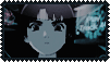 a gif stamp of lain iwakura. she is unmoving and slightly scorning at the you. in the bottom right white text reading lain appears letter by letter from left to right, and then dissapears in the same manner