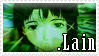an unmoving stamp of lain iwakura. it is a headshot of lain looking forwards. she is overlayed with a green pattern featuring lighter lines resembling cables or network connections. in the bottom right corner .Lain is written