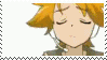 a 2d animated gif stamp of kagamine len. the gif is croppped from lens shoulders to around his forehead, showing only this part of him. len is noticibly positioned on the right. he is looking forwards at the viewer. there is a plain white background behind len. len starts by bringing his hands down from above his head to cover his face in a peak-a-boo manner, he then reveals his face and tilts his head slightly to the right. he then quickly slumps forwards and lets out a deep sigh in a disappointed or let down manner