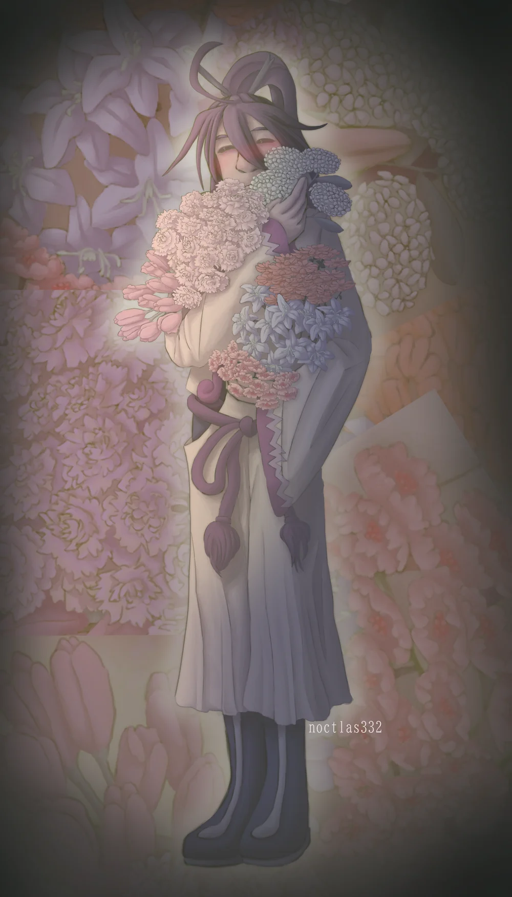 digital drawing of Gakupo in soft, dim light holding bundles of various types of flowers, pressing some to his face. He blushes, his eyes closed. There’s a glow around him, and the background is closeups of flowers.