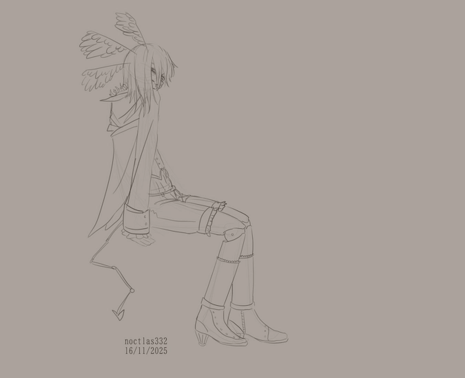 uncoloured digital sketch of oc aretstikapha,, they are sitting down on nothind and can be seen from side on,, they are looking at the viewer from behind their shoulder, as they are leaning forward a little