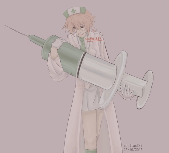 digital drawing of utau ambulance ata. they can be seen from the knees up, and are standing up and smiling while looking at the viwer. in their arms they are holding their large syringe