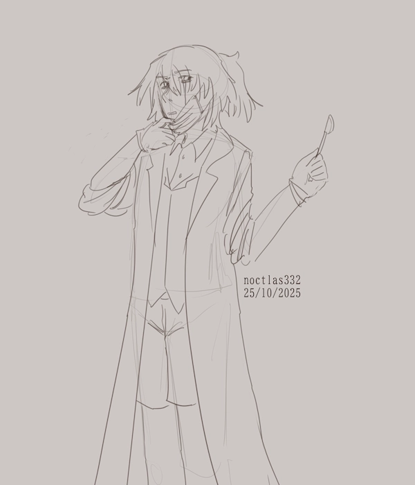 uncoloured digital sketch of my design of utau ambulance ata, but mean and bad. he has lost his tie, and has his sleeves rolled up to his elbows. he doesnt have his hat also. he is pulling on a surgical mask on his face to reveal hes scowling. he is holding up a scalpel in his other hand. he can be seen from the knees up, and is just standing facing the viwer