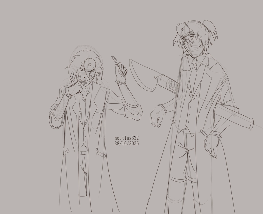 2 uncoloured digital sketches of my own design of a mean utau ambulance ata. his appreance is desribe in more detail in the next drawing. he is now wearing a head mirror. in the sketch on the left he is facing the viewer and looking down, while pulling off his face mask and holding up a scalpel. in the sketch on the right his facemask is properly on his face, and he is holding a cartoonishly large scalpel behind his back. he is looking at the viwer seems unamused. in both sketches hes seen from about the knees up