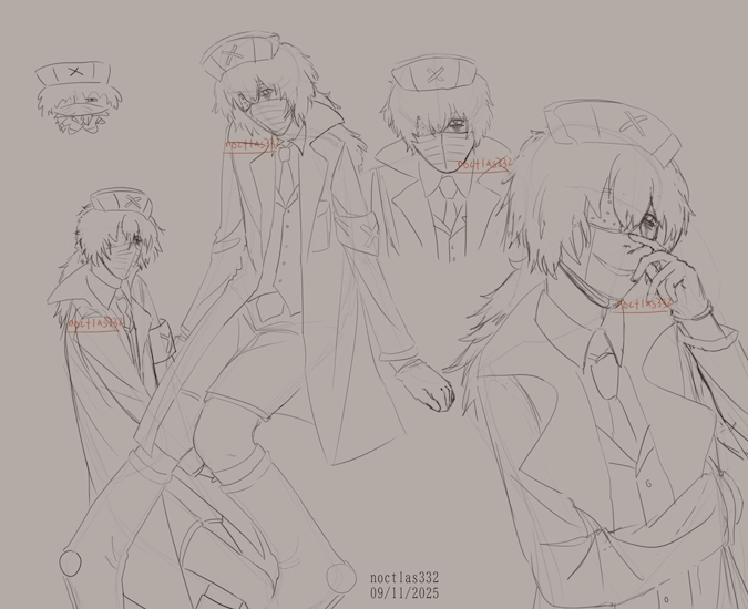 uncoloured digital sketchs of the p2 version of utau ambulance ata. there is a tiny chibi, a large full body drawing of him sitting, another drawing of him sittin under that one cut off at the knees, a head shot of him looking forward, and a drawing of him from the waist up without his mask, smiling and bringing a hand to his face