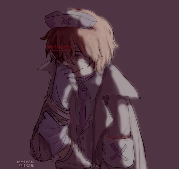 coloured and shaded digital sketch of utau p2 ambulance ata, who can be seen from the torso up,, he is facing to the side a little bit and is hunched over slightly. his mask is slid down to his chin and he is smirking, and is holding a scalpel in his hand, which is brought up to his face,, there is strong light coming from the right, which is amplified by a dark purple overlay on the drawing, avoiding only the lightest areas 