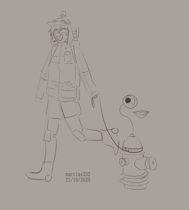 uncoloured digital doodle of utau siren sian and virtual instrument hydrant cyclops from breathcube. sian is smiling happily and walking hydrant cyclops on a leash. they can both be seen in full