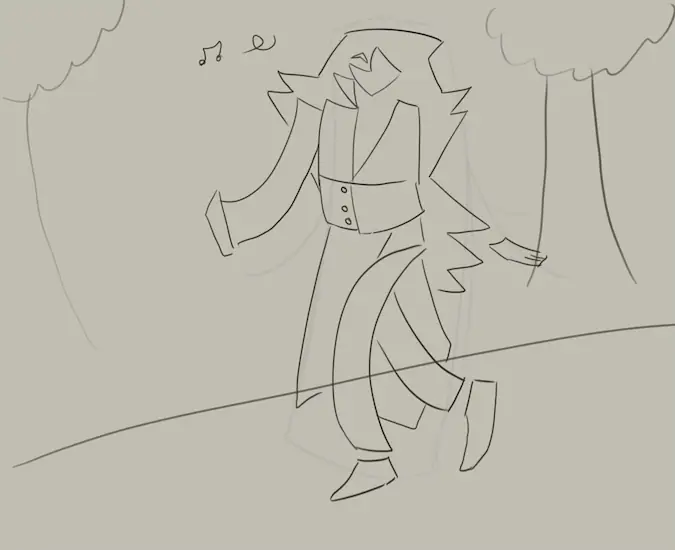 first panel of a sketched digital comic. utau euc is happily walking down a footpath. there are trees in the background