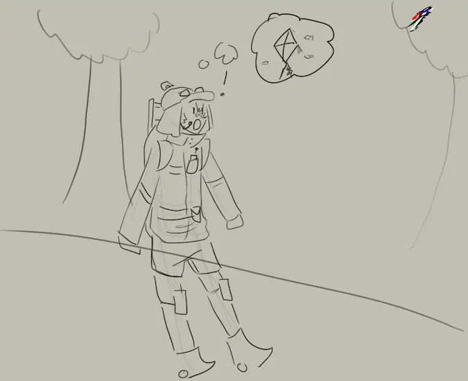 fifth panel. sian is shocked as he notices euc in the tree. he thinks hes a kite