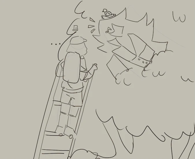 sixth panel. sian uses a ladder to climb up the tree euc is stuck. a bird has made its nest on eucs head, and he is happy to see sian. sian is seemingly disappointed 