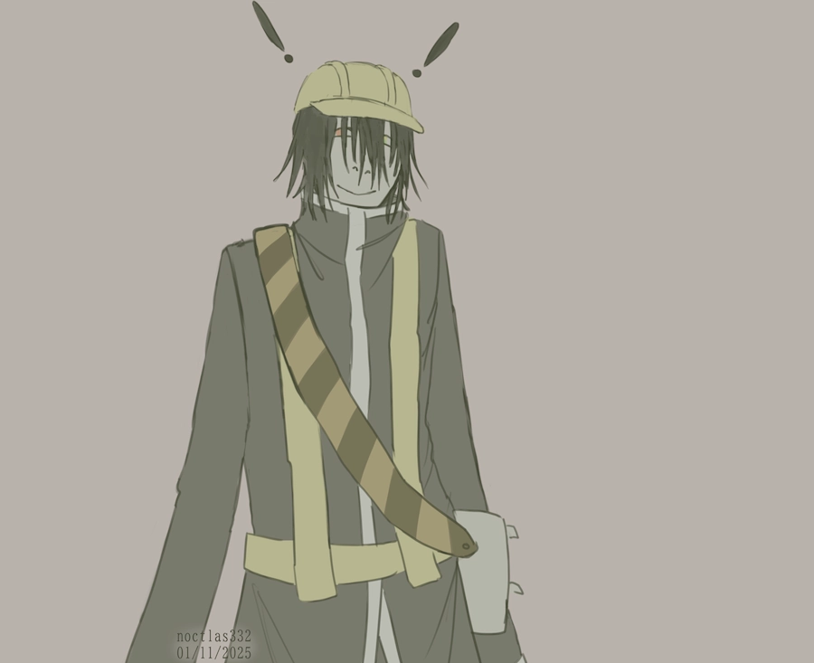 unshaded, though coloured, digital drawing of utau michishirube kiro. they can be seen from the waist up, and are simply standing and smiling at the viwer. they are missing the markings on their jacket and their pins slash badges. their hair is messy and covering their face more than usual