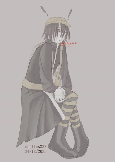 coloured and shaded digital sketch of utau michishirube kiro. they are sitting with their hands crossed over on their lap. they are seen largely from the side. kiro is looking at the viewer and smiling. they are missing their coat markings, traffic light, and badges. the piece is dated  24th of 12th of 2025