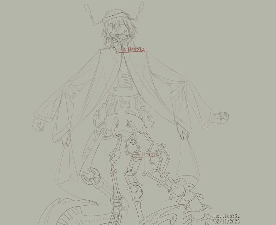 uncoloured digital sketch of utau michishirube kiro. at each elbow, they have two arms. two of these arms are being used to hold open their jacket, revealing a messy robotic structure. they have 4 legs, all made up of different and nonsensical robotic pieces including hinges, bolts, ball joints, sliding pieces, bending pieces, rotating pieces, blades, and something that looks like a spine. they have two extra little bug-like limbs coming out of their torso, which features wires, a vent, and more round joints. their lower jaw is gone, and a large amount of metalic bug-like appendages are coming out of their mouth. their mysterious things are connected to their head with metal rods. they have 2 eyes on the side of their head where they usually have 2 pupils. the design takes clear inspiration from calcium by deino