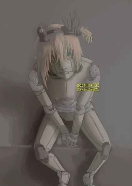 fully finished digital drawing of utau adachi rei. she is not wearing clothes. she is sitting down on a ledge and is looking up with a blank expression, and is seen from above though not directly overhead. there are many panel seam lines on her face, torso, and limbs, and all of her joints are mechanicl. there is a bright light coming from the right, casting a shadow over half of rei. the piece is dated to the 27th of the 11th of 2025