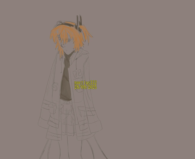 digital sketch of utau adachi rei, with colour only in her hair and shirt. she is standing and turned a little bit to the side, and can be seen from the knees up. she is frowning a little. the piece is dated 28th of the 9th of 2025 