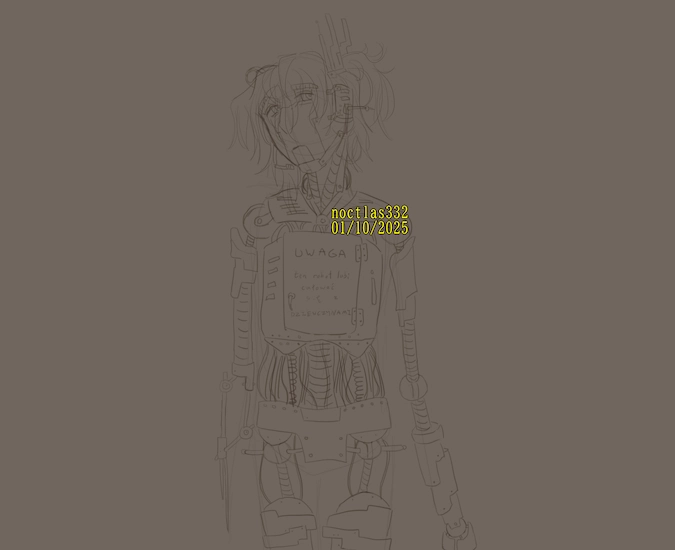 uncoloured digital sketch of utau adachi rei. she is standin up and seen from the thighs up, tiling her head a bit to the side. she has exposed wires, springs, ball joints, screws, bolts, supports, vents, and rods. she has paneling seams on her face. her right hand is replaced by sharp metal spikes and her left one is so long it goes off screen. there is a maintenance door on her chest which has text on it reading 'UWAGA ten robot lubi calowac sie z DZIEWCZYNAMI'. the piece is dated 1st of 10th of 2025