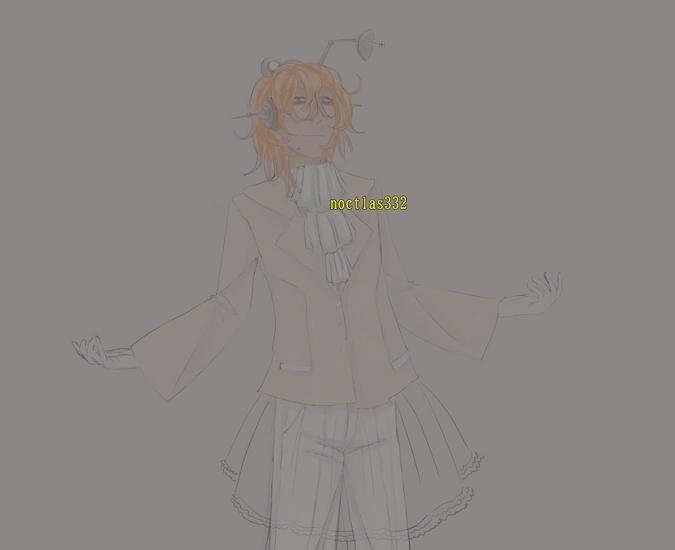 coloured digital sketch of utau adachi rei. she is standing up and can be seen from just above the knees. she is smiling and her head is tilted back a bit. she is shrugging and looking down a bit. she is wearing white trousers and a cream suit. she has a ruffled cravat also, and has an uncoloured sketch of a skirt on her. on her headband is a satellite dish, and her earphones have sharp spikes sticking out