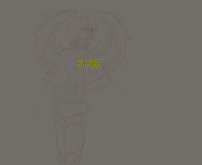 uncoloured digital sketch of utau adachi rei. she is standing and can be seen from the knees up. the drawing is missing arms. she has frilly material over her shoulders and chest. there are many seam lines on her face and thighs, with the ones on her face showing a lot of wear. her stomach is made up of round pieces of metal nested inside of one another, getting smaller towards the middle. she has two round shapes coming out of her back and wrapping up and forward, which have wavy edges. the piece is dated 7th of the 10th of 2025