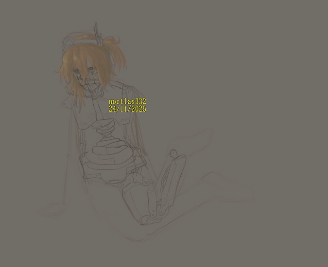 unfinished digital sketch of utau adachi rei, with colour only in her hair. she is sitting on the ground with her legs at the side, and is resting on her right arm. she has the same face seams, joints, and torso as in the previous one. her feet, one of her legs, and her arms were not drawn. the piece is dated 24th of 11th of 2025