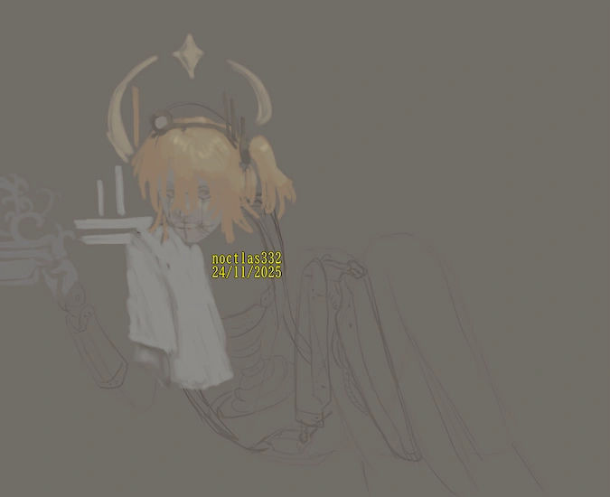 digital sketch of utau adachi rei. she is sitting on the ground with her knees up, and holding one of her hands up to shoulder level. on her face, hair, and half-jacket are coloured. she has the same build as the previous two drawings, and is also waring half of a white jacket. she has a halo with a star over her head, straight lines coming out of her half-jacket, and silver swirls coming out of her hand. the piece is dated 24th of 11th of 2025