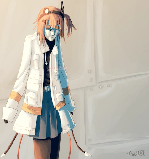 a digital drawing of adachi rei. she is drawn as a robot with metalic skin, and is seen from the thighs up. she is leaning against a wall made of metal sheets bolted together. there is heavy yellowish orange light coming from the left