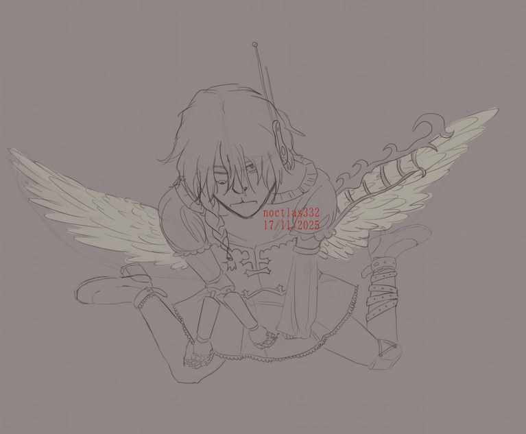 mostly uncoloured digital sketch of oc uleeved. they are sitting on the ground with their legs in a w position, and looking up at the viewer. only their wings are coloured an off-white