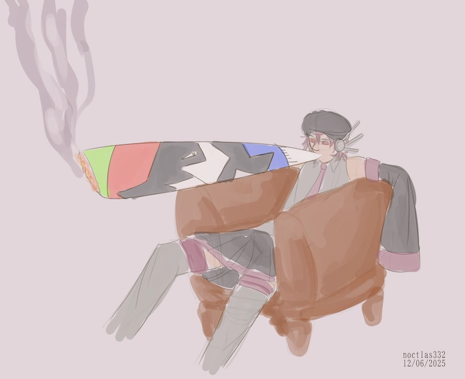 coloured digital sketch of utau defoko lounging in an arm chair. her eyes are red as she is smoking a huge blunt. this blunt is made out of utau euc, who looks displeased