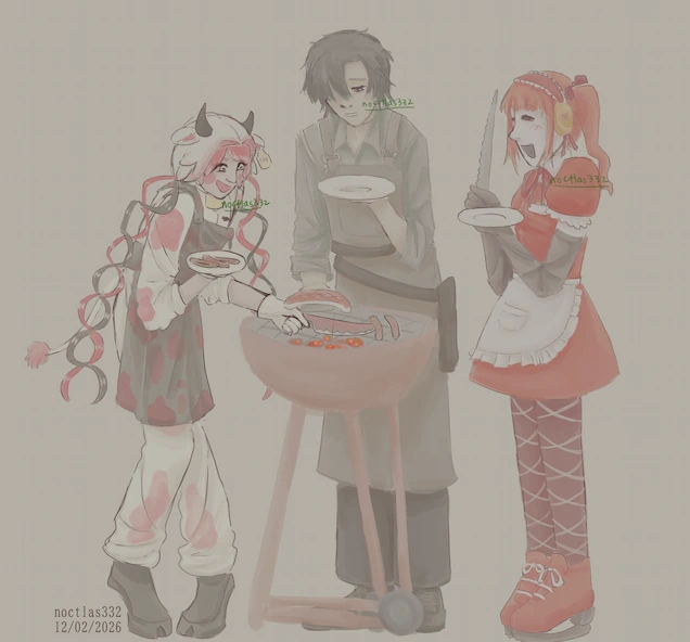 digital drawing of utaus Naizo Niku,  k tenchou, and yakine juju. they are standing around a red grill which has some meat on it and smiling. niku is taking some sausages with their knife and putting them on their plate, k tenchou is taking a steak with their knife, and juju is waiting beside them. the piece is dated to the 12th of 2nd of 2026
