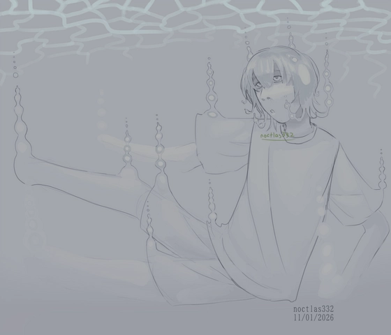 digital sketch of vocaloid asa. the only colour is in the greay and white used for the highlights of their bubbles and hair, and the blue in the ocean surface above them. they are in water and either sitting on sinking. they have a lot more bubbles coming off of them than they usually do, with some on their clothes, hands, knees, and feet, as well as extra ones in the hair. their hands and feet are totally turned into bubbles. their hands and left leg are not fullt drawn. they are looking up a bit and their mouth is open slightly in maybe surprise. the piece is dated 11th of 1st of 2026