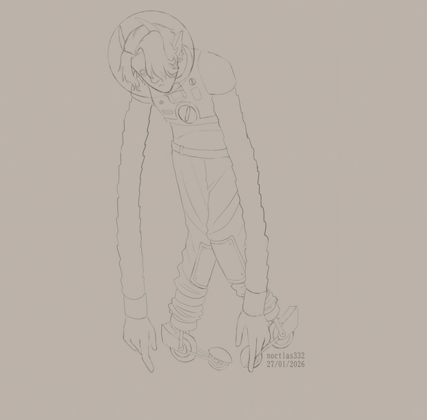 uncoloured digital drawing of utau cap sell,, they are standinf hunched over with their arms nearly touching the ground. the piece is dated 27th of 1st of 2026