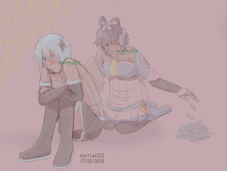 coloured and shaded digital sketch of vocaloids hatsune miku and luo tianyi. they are sitting on the floor and miku has her back panel open, from which tianyi is removing confetti and setting it on the ground beside her. miku has her shirt off and metal panel seams can be seen on her skin. in place of her twin tails is a port on her head to which they would attatch. miku is flustered and tianyi is telling her off. they are both blushing. the piece dated to the 17th of the 2nd of 2026
