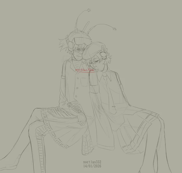 uncoloured digital sketch of utau defoko and tts fl chan. fl chans design is my own. they are sitting together, with defokok slumpt over and sleeping on fl chans shoulder. fl chan is looking at her and smiling and blushing. the piece is dated 14th of 1st of 2026