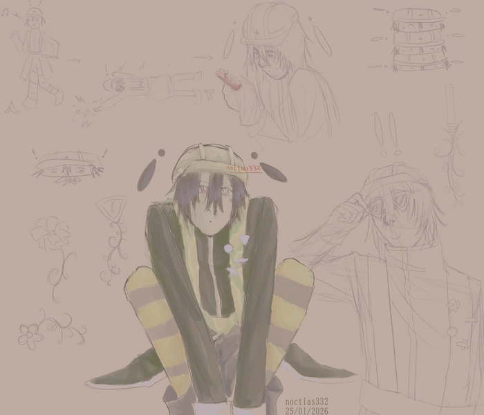 multiple digital sketches of utau michishirube kiro. one is coloured and shaded; kiro sitting on the ground with their knees up and arms in front of them, and looking at the viewer. around this drawing there are uncoloured ones, including a couple flowers, kiro smiling while wearing traffic sign shaped sun glasses, a chibi kiro, a stack of 3 squashed kiros, and a short series of sketches showing kiro trip on a banana peel and break their safety light stick. the piece is dated 25th of the 1st of 2026