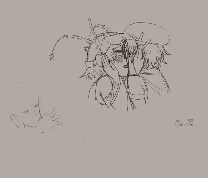 uncoloured digital sketch of vocal synth fl chan and utau defoko kissing. fl chans design is my own. she is blushing heavily and looks nervous. defokos face can not be seen because of the angle. they are holding eachothers faces. in the corner there is an unfinished sketch of two people about to kiss also. the piece is dated 1st of the 2nd of 2026