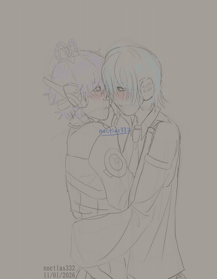 digital sketch of vocaloids hatsune miku and luo tianyi, with the only colour being in their hair and blush. they are standing pressed into one another with their faces almost touching, looking into eachothers eyes, and can be seen from the side, from the waist up. tianyi has her hands on mikus shoulders and miku has hers on her waist and face. miku is without her pigtails and has short hair. the piece is dated 11th of 1st of 2026
