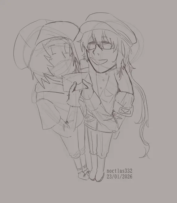 uncoloured digital sketch of my unfinished utau mili m and utau mailcar kaen. they are seen from almost directly above, and as such are looking up. mili m has a blank expression and kaen is smiling. they are standing right beside eachother and holding a letter up together. the piece is dated 23rd of the 1st of 2026