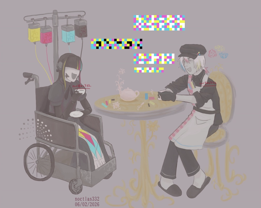 full body digital drawing of utaus ingkell and purin taa. theyre are sitting at a little ornate table with gold details, and drinking liquid from tea cups. purin taas chair matches the table. theyre smiling and engaging in conversation represented by white, black, cyan, magenta, and yellow squares. there is a tea pot on the table. the piece is dated 6th of the 2nd of 2026