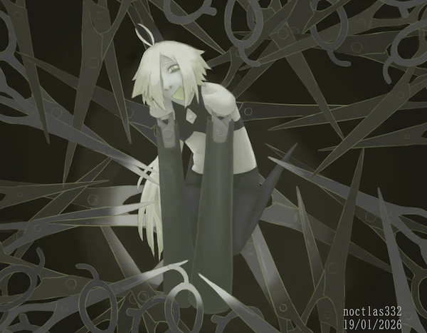 digital drawing of utau yaya hasami. they are on their knees with their arms extended in front of them, and they are looking up at the viewer and smiling. they are in a dark void filled with large metal scissors, which they are on top of. the scissors are just line art filled with solid colour, while yaya hasami is fully shaded. there is a strong spot light on yaya hasami, casting the scissors not directly under them in shadow. the piece is dated 19th of the 1st of 2026