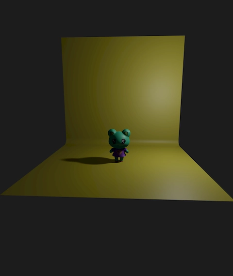 darkly lit 3d render. in a dark void, there is a yellow floor and a yellow wall. here stands a little chibi creature. its skin is green and it has bear-like ears. it has big shiny eyes, a purple shirt with an amongus crewmate, and red shoes
