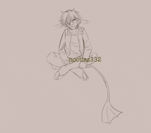 short looping gif of my oc gabriel. they are sitting with their legs crossed, eyes closed, and are smiling. their long tail is a sort of fan or fin on the end is wagging and then coming to rest in directly below them on loop