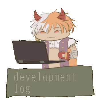 short looping animation of my utau mayo coulombs, typing on a laptop and smiling, in a chibi form. they can only be seen from about the tummy up, as there is a sign reading 'development log' over the lower half