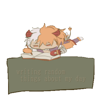 short looping animation of my utau mayo coulombs, lying on their stomach and writing in a notebook, in a chibi form. they are wagging their tail and swinging their legs. there is a sign below them reading 'writing random things about my day'