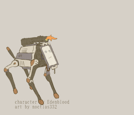 short looping gif of a robot dog with a smiling face on a screen for a head, with a flame thrower on its back. fire bursts from the flamethrower and then retracts, on loop