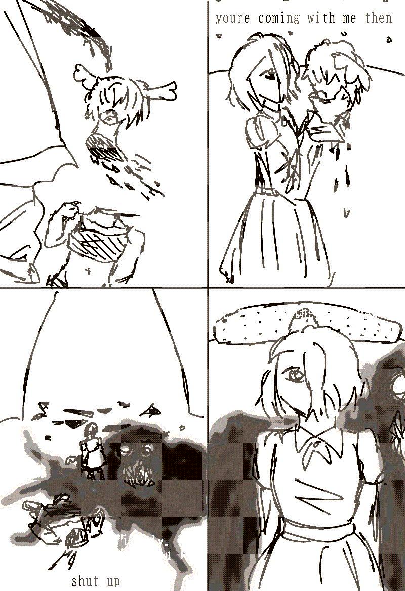 4 panels. the character who cut the head off picks it up and says 'youre coming with me then'. the remaining two characters converse; 'finally. took you long enough', 'shut up', 'go towards the east now'