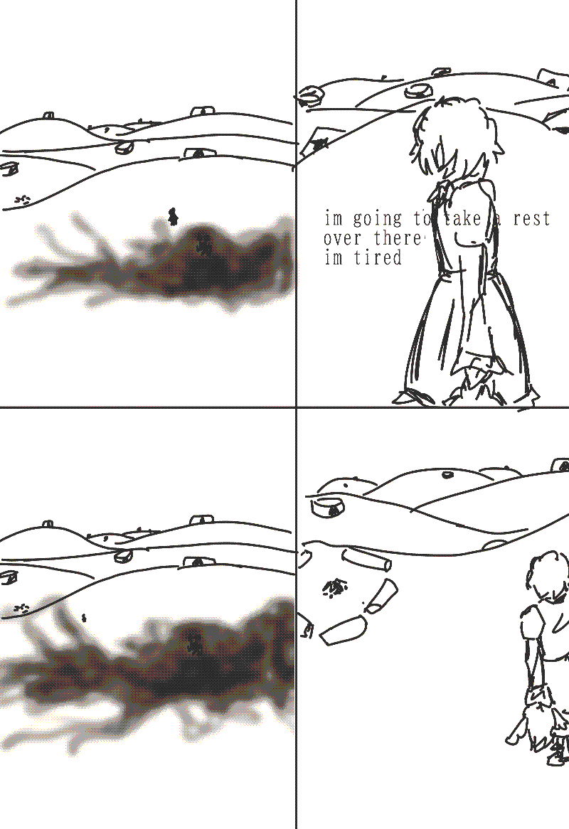 4 panels. the characters are in a large outdoor area covered in hills, dotted in large structures like the one they were in. one says to the other 'im going to take a rest over there im tired'. they approach an unlit campfire circled by places to sit