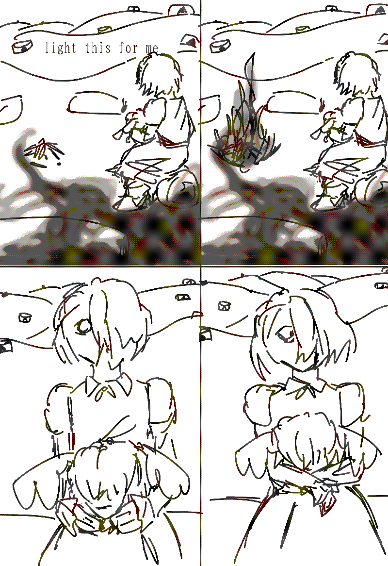4 panels. the character sits down, holding the head in their lap, and says to the other 'light this for me' and they light the fire. the character holds the head a little tighter in the last panel