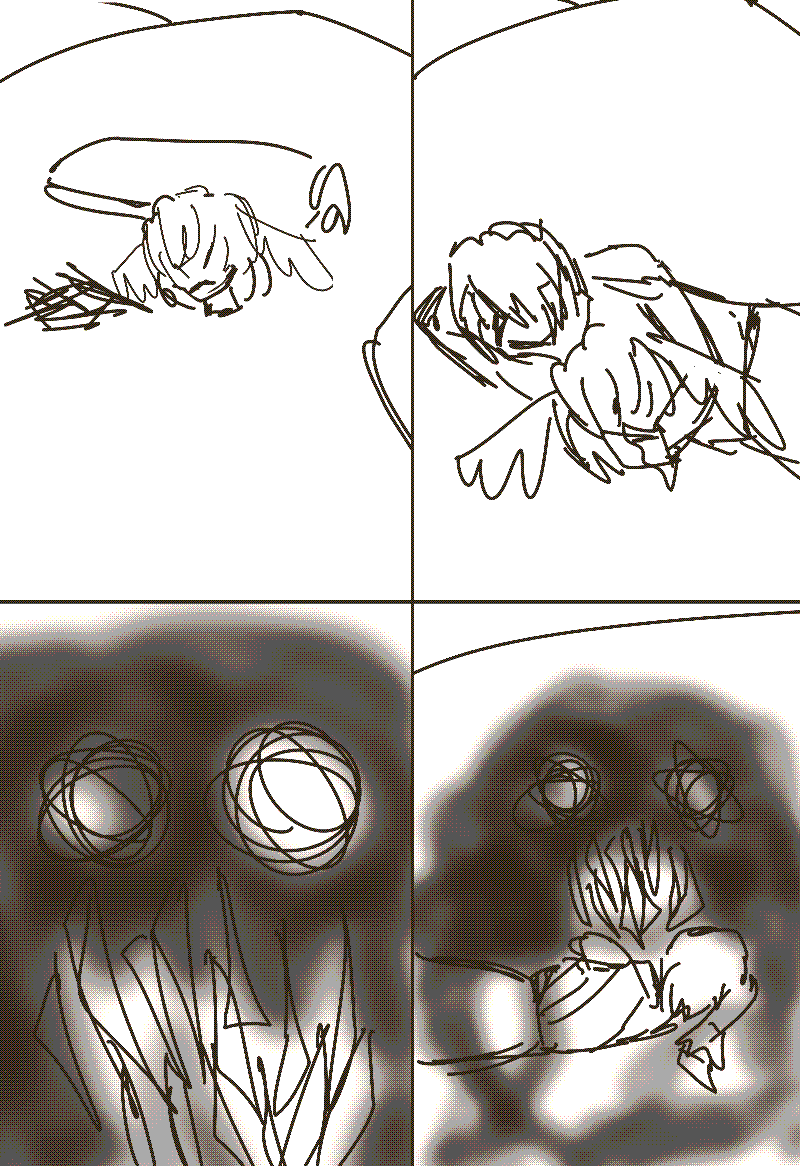 4 panels. the character lying on the ground is shown holding the head as they sleep. the other character looms over them and envelopes them while they sleep, their expression unreadable