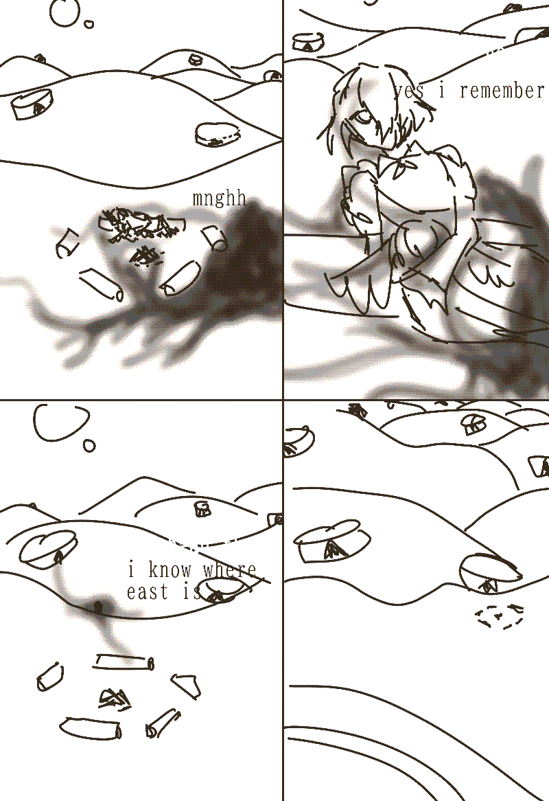 4 panels. the characters talk as one of them gets up; 'wakey wakey, the suns have risen', 'mnghh', 'to the east no-', 'yes i remember', 'right ahead ther-', 'i know where east is'. they leave the campfire behind and walk over the hill